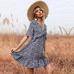 Women's Summer Floral Short Sleeve  Back Ruffle Dress