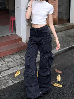 Retro Black Multi-pocket Cargo Pants Women's Loose Jeans
