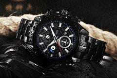 men''s watch fake three eyes luminous men''s watch fashion casual steel band waterproof watch t504g
