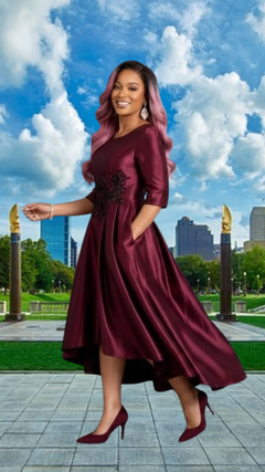 FLIPSTYLEZ LLC. Burgundy Floral Embroidered Satin Gown | Long Evening Spring Maxi Dress for Casual Elegance