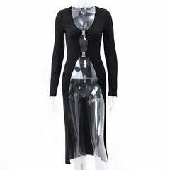 Sexy Black V-neck Low-cut Metal Buckle long summer Cardigan