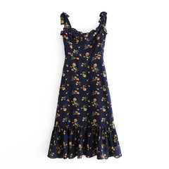 NEW  SPRING PRETTY DARK BLUE Floral PRINT SHOULDER STRAP Slim Dress FOR WOMEN