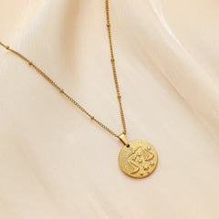 Stainless Steel Round Twelve Constellation Coin Relief Necklace