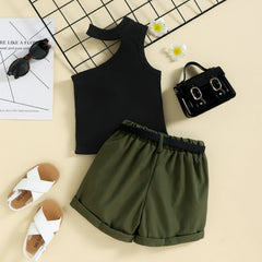 Summer Girl Ins Shoulder Halter Sunken Stripe Top Shorts Suit