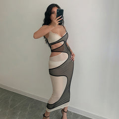 Mesh Stitching Contrast Color V-neck Hollow-out Camisole Midriff Outfit Sexy Hot Girl Temperament Jumpsuit Dress