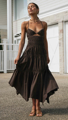 V Neck Back Strap Irregular Long Dress