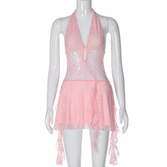 Short Stitching Ribbon Halter Lace Hollow-out Deep V-neck Backless Hot Girl Dress