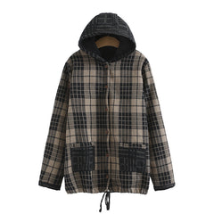 H5 plus size women's autumn and winter new fat sister mm plus velvet plaid double yarn hooded lining