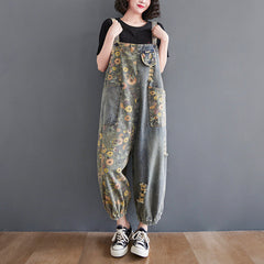 Women's Retro Nostalgic Print Ripped Denim Overalls