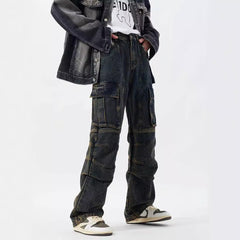 Washed Distressed Multi-pocket Jeans Wide-leg Straight Trousers