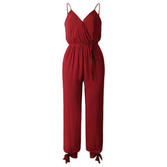 back tether deep V-neck suspender jumpsuit