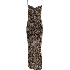 Summer Elegant Backless Long Dress Hot Girl Sexy Slim Leopard Print Sling Dress Women
