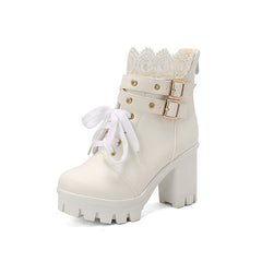 Lace Ankle Boots Lace-up Square Heeled Shoes Women White Black Boots