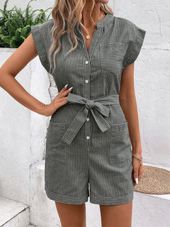 Hot Summer Leisure Commute Jumpsuit Pinstripe Short Sleeve One-piece Shorts