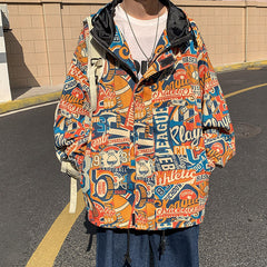 Hooded Jacket Men Graffiti Print Trend Pullover Top Plus Size Jacket Men