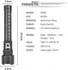 Zoom Type Input And Output Power Display Flashlight