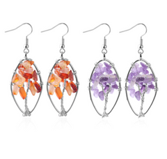 Natural Crystal Crushed Stone Earrings Handmade Tree Of Life Women's Turquoise
