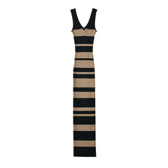 European And American Hot Girl Double V-neck Color Sleeveless Knitted Dress Intellectual Elegant Skinny Sheath