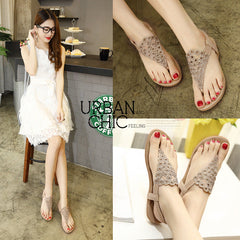 Japanese Sandals Summer Women Embroidered Thread Rhinestone Flat Shoes Large Size Flat Shoes