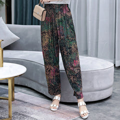 Vibrant Red & Blue Floral Cotton Linen Bloomers | Plus Size Breathable Mother Pants High-Waisted Comfort Slacks