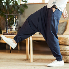 Linen Pants Men's Retro Plus Size Drop Harem Pants
