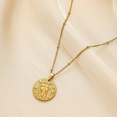 Stainless Steel Round Twelve Constellation Coin Relief Necklace