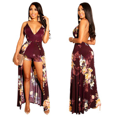 V-neck printed tie with bare back jumpsuit