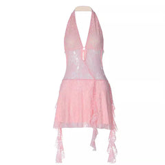 Short Stitching Ribbon Halter Lace Hollow-out Deep V-neck Backless Hot Girl Dress