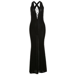 European And American Fashion Solid Color Deep V-neck Backless Sexy Hot Girl High Waist Hip Bag Dress