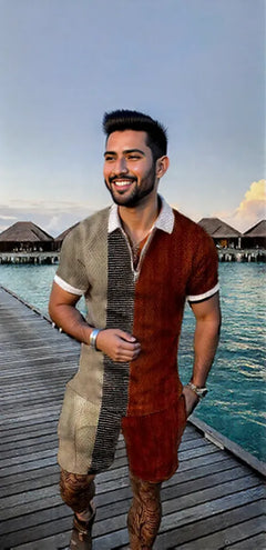 Men's Summer Fashion 3D Printed Short Sleeve Geometric Zip Lapel Shirt Set