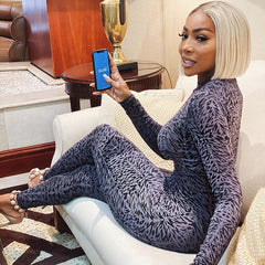 Printed Back Zip Hip Raise Long Sleeve Jumpsuit