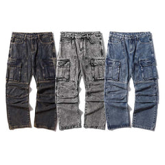 Washed Distressed Multi-pocket Jeans Wide-leg Straight Trousers