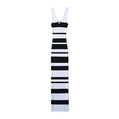 European And American Hot Girl Double V-neck Color Sleeveless Knitted Dress Intellectual Elegant Skinny Sheath