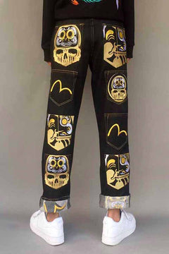Embroidered Denim Plus Size Straight Loose Trousers
