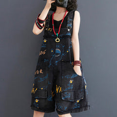 Retro Fashion Print Loose Denim Strap Shorts For Women