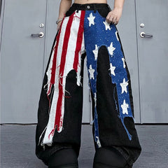 Womens American-style Washed Striped Heat-pressed Patch Jeans