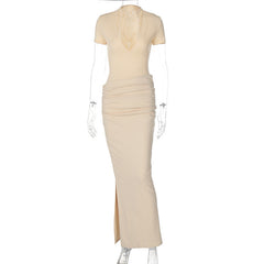 Deep V Short Sleeve Solid Color Hot Girl Style Pleated Long Dress