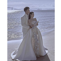 French-style Bride Lace Tube Top Satin Fishtail Trailing Wedding Dress