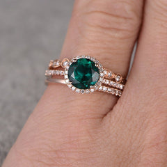 New Product 14k Rose Gold Three-piece Ring With Micro Inlaid Emeralds European And American Engagement Jewelry