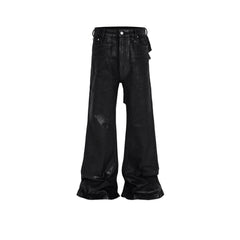 Men's Vinyl Coated Bootcut Trousers Stitching Damaged Jeans