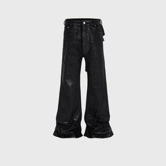 Men's Vinyl Coated Bootcut Trousers Stitching Damaged Jeans