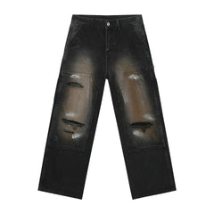 Street Retro Jeans Men's Loose Hole Straight-leg Trousers