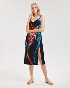 ELECTRICLY BLUE AND RED DESIGN BY FLIPSTYLEZ Women's All-Over Print Tie Strap Split Dress