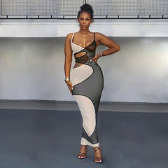 Mesh Stitching Contrast Color V-neck Hollow-out Camisole Midriff Outfit Sexy Hot Girl Temperament Jumpsuit Dress