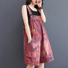 Retro Fashion Print Loose Denim Strap Shorts For Women