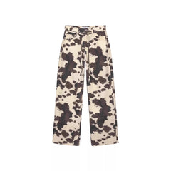 Womens Retro Washed Denim Jeans With Cow Print