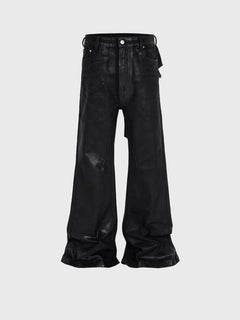 Men's Vinyl Coated Bootcut Trousers Stitching Damaged Jeans