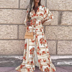 New women''s V-neck short sleeve printed long dress