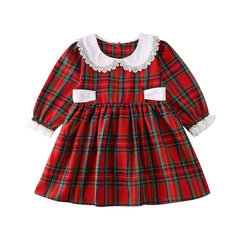 Round Neck Lace Long Sleeve Western Style Plaid Dress