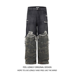 Men's American High Street Stitched Camouflage Wide Leg Jeans